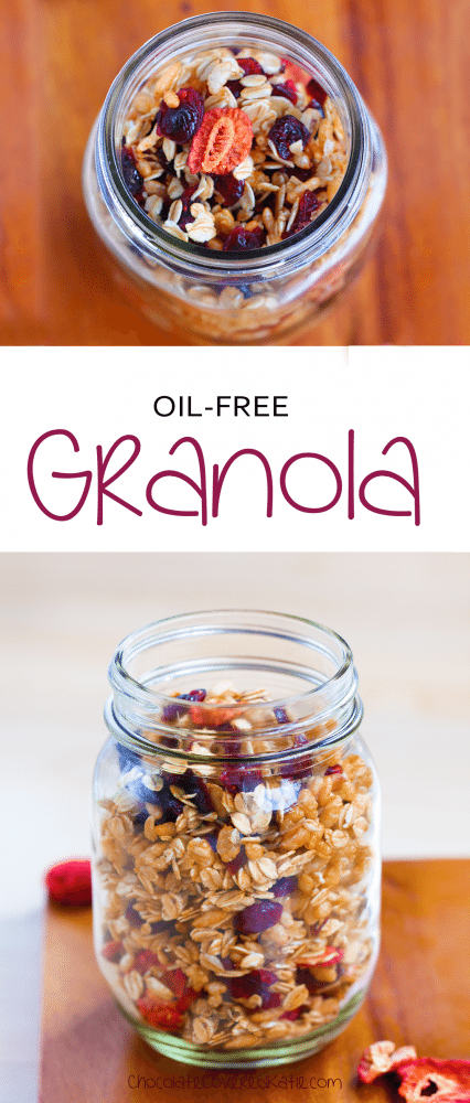 Oil-free, gluten-free, dairy-free, & refined-sugar-free. Recipe here: http://chocolatecoveredkatie.com/2015/04/09/low-fat-granola/
