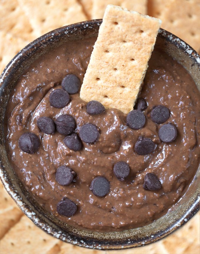 Dark, rich, decadent chocolate brownie batter dip, secretly made with chickpeas!