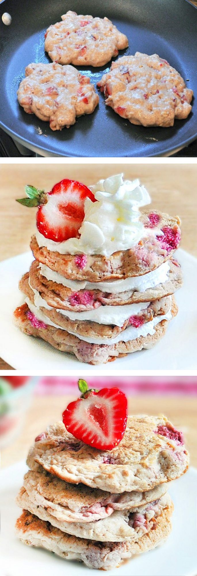 Strawberry Pancakes - Ingredients: 1/2 cup strawberries, 1/3 cup rolled oats, 1 tsp baking powder, 1 tsp vanilla, 2 tsp... Full recipe: https://chocolatecoveredkatie.com/2011/07/12/strawberry-shortcake-pancakes/ @choccoveredkt