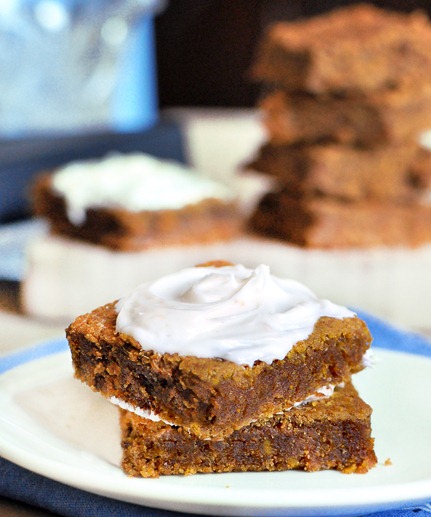 Soft and moist pumpkin bars from @choccoveredkt, with just a few basic ingredients and no oil whatsoever! You won't be able to stop at just one, trust me! Find out how to make them here:  https://chocolatecoveredkatie.com/2011/09/23/pumpkin-cream-cheese-bars/