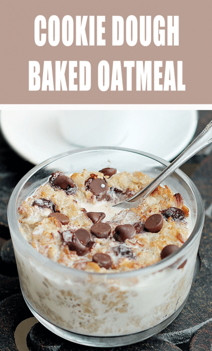 Cookie Dough Baked Oatmeal - baked in the oven until it's warm and gooey, with melty chocolate chips - @choccoveredkt - tasted like a Mounds bar for breakfast!!! https://chocolatecoveredkatie.com/2011/11/10/coconut-cookie-dough-oatmeal/