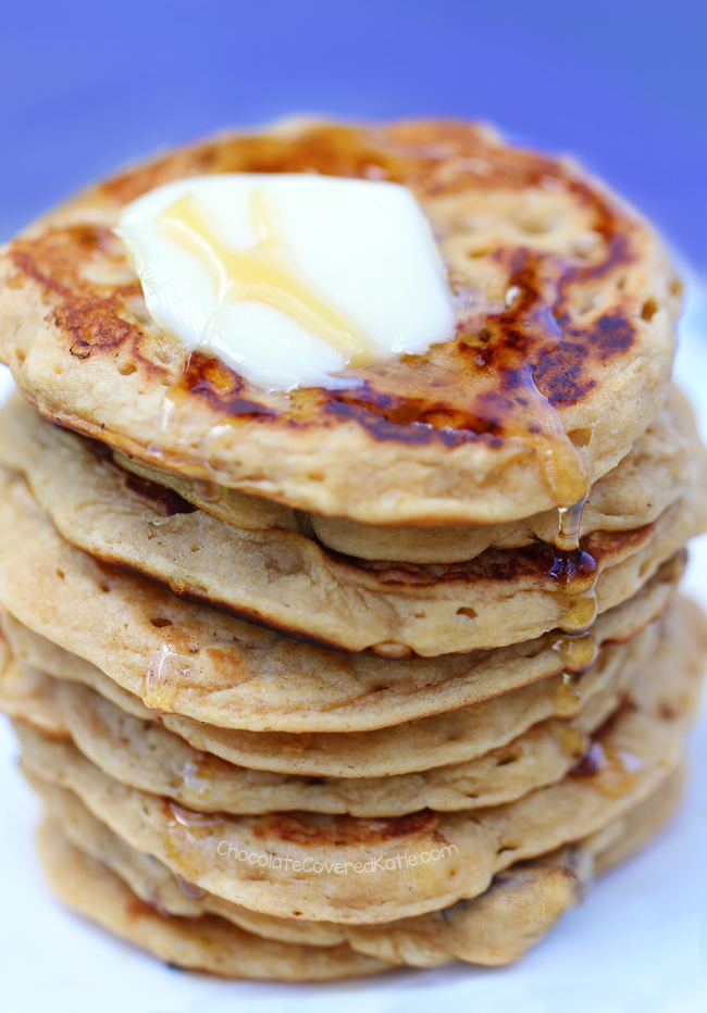 Oatmeal Pancakes - 1/3 cup rolled oats, 1 cup milk of choice, 2 tsp vanilla extract, 1 tsp baking powder, 2 1/2 tsp... Full recipe: https://chocolatecoveredkatie.com/2013/09/05/oatmeal-pancakes/ @choccoveredkt