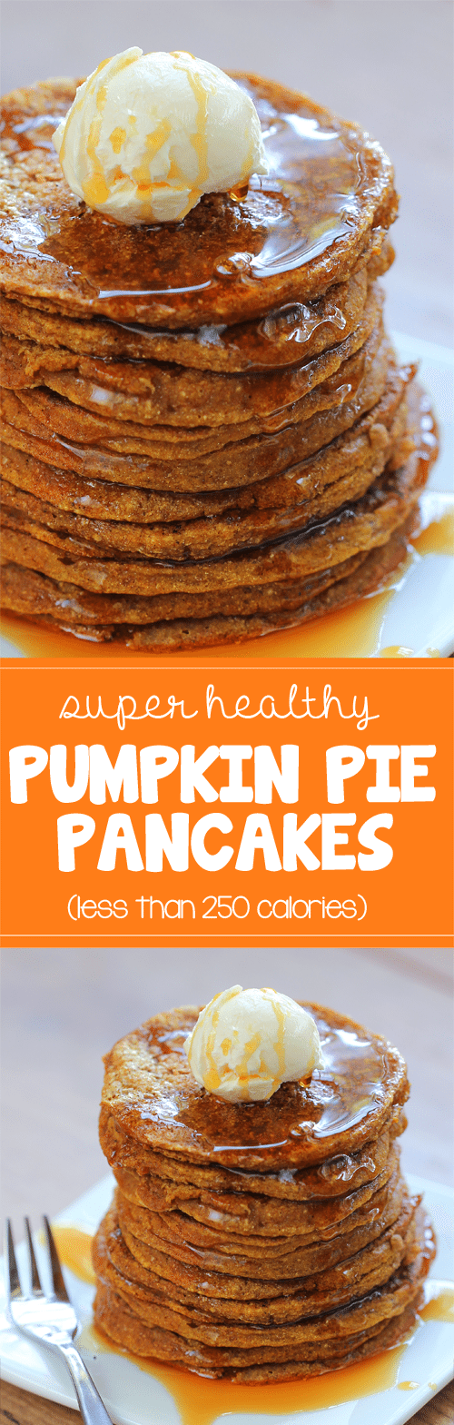 Super light & fluffy pumpkin pancakes from @choccoveredkt... for less than 250 calories. Full recipe: https://chocolatecoveredkatie.com/2013/11/17/pumpkin-pancakes/