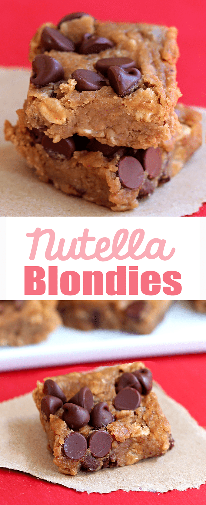 Flourless / NO oil / extra fudgy #vegan nutella chocolate chip blondies - (70 calories) https://chocolatecoveredkatie.com/2014/09/23/nutella-chocolate-chip-blondies/ @choccoveredkt