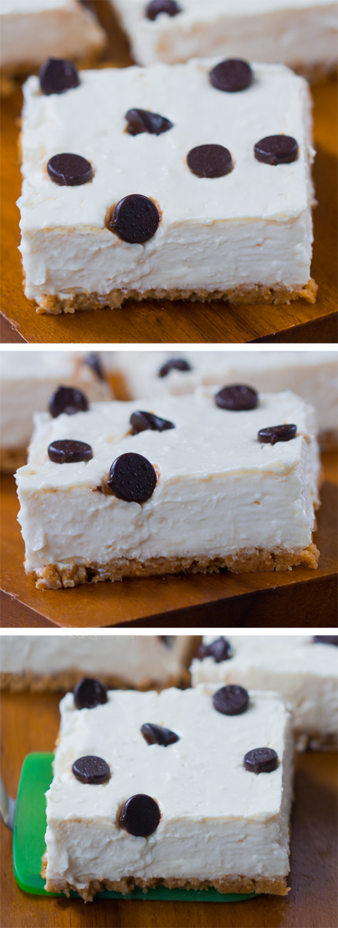 Skinny Chocolate Chip Cheesecake Bars, great for parties