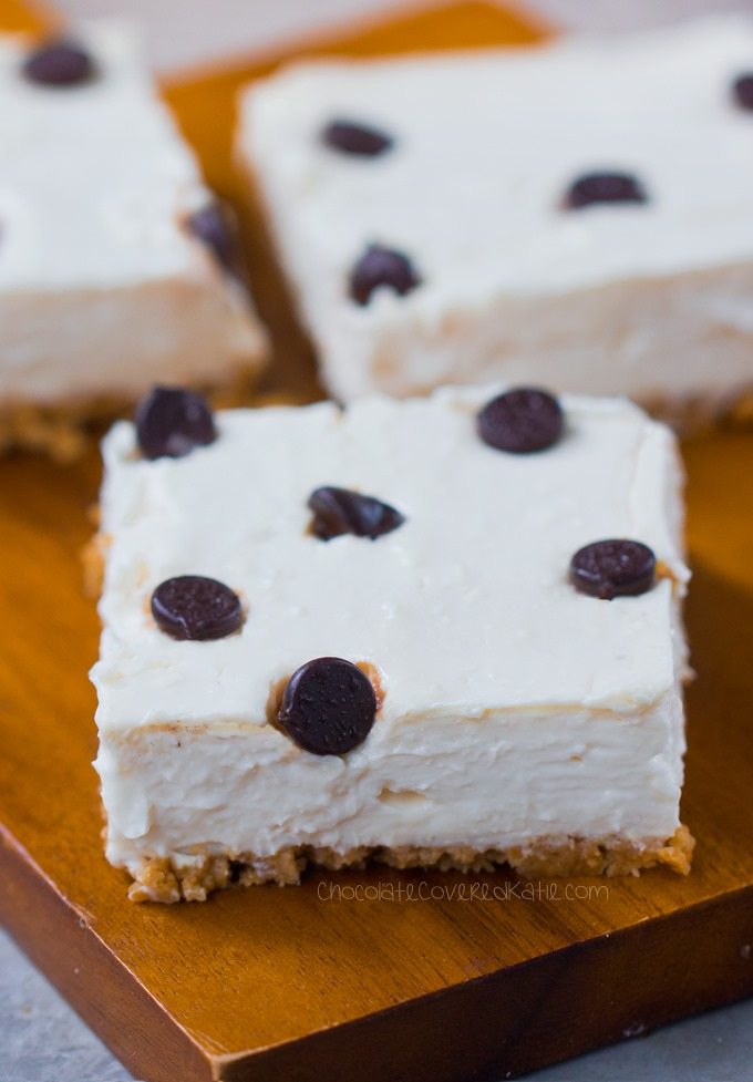 Creamy Chocolate Chip Cheesecake Bars - Ingredients: 12 oz cream cheese, 1 cup yogurt, 2 tsp pure vanilla extract, 1 tbsp lemon juice, 3/4 cup... Full recipe >> https://chocolatecoveredkatie.com @choccoveredkt