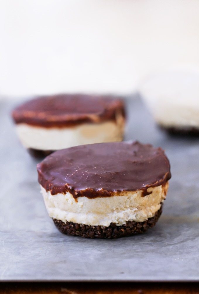 Bounty Bar Cheesecakes - 3 1/2 tbsp unsweetened cocoa powder, 1/4 cup coconut milk, 2 tsp vanilla extract, 1 tbsp maple syrup, 2 cups... Full recipe: https://chocolatecoveredkatie.com @choccoveredkt