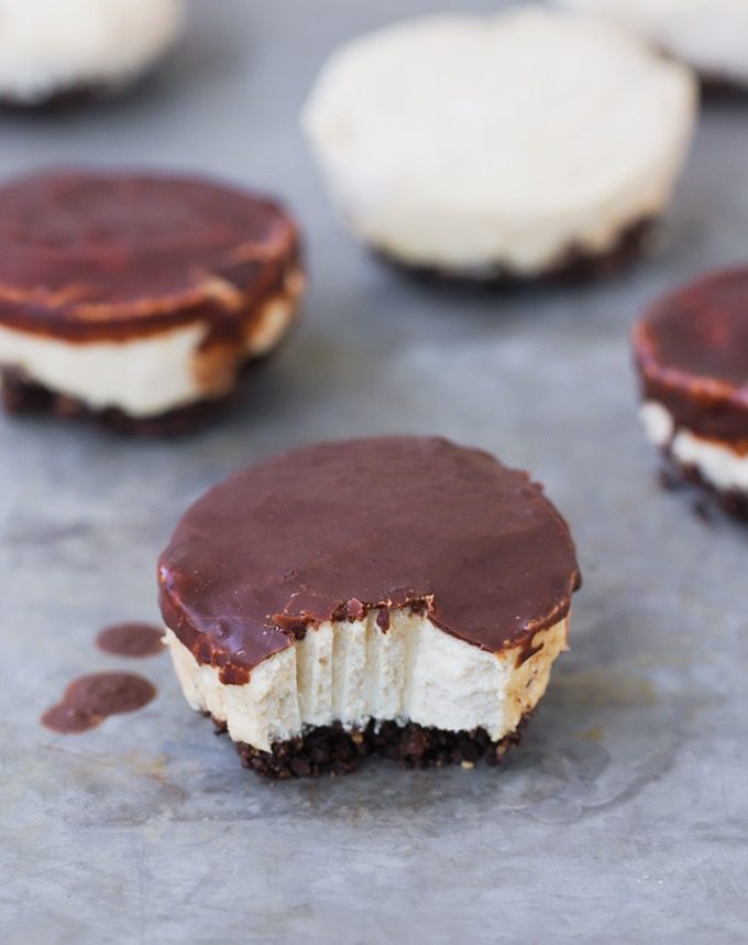 Bounty Bar Cheesecakes - 3 1/2 tbsp unsweetened cocoa powder, 1/4 cup coconut milk, 2 tsp vanilla extract, 1 tbsp maple syrup, 2 cups... Full recipe: https://chocolatecoveredkatie.com @choccoveredkt