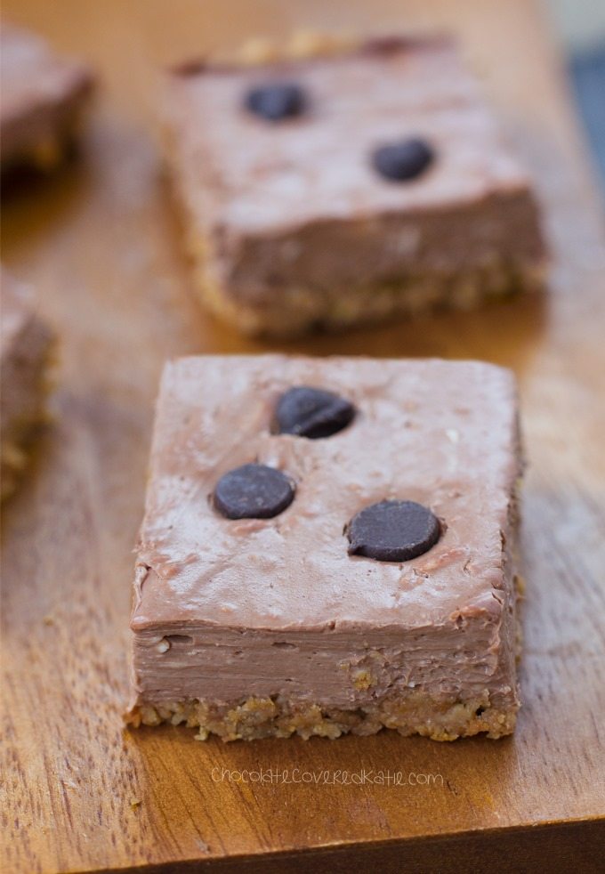 Chocolate Mousse Cheesecake Bars - Ingredients: 1/4 cup cocoa powder, 2/3 cup yogurt, 1/2 tsp vanilla, 1 tsp... Full recipe: https://chocolatecoveredkatie.com/2016/08/18/chocolate-mousse-cheesecake-bars/ @choccoveredkt