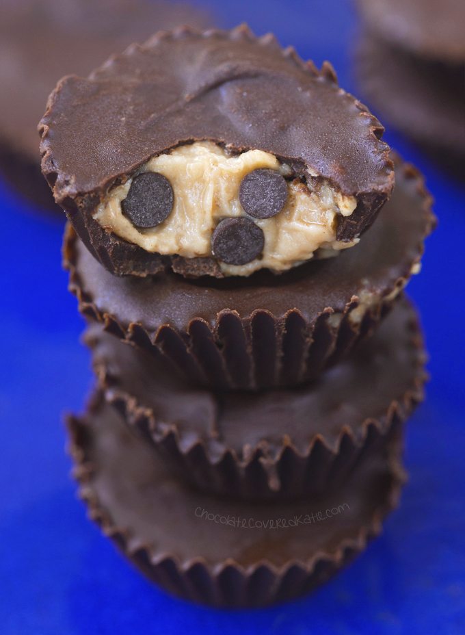 Cookie Dough Reeses: https://chocolatecoveredkatie.com/2016/08/08/homemade-peanut-butter-cups-cookie-dough/ @choccoveredkt