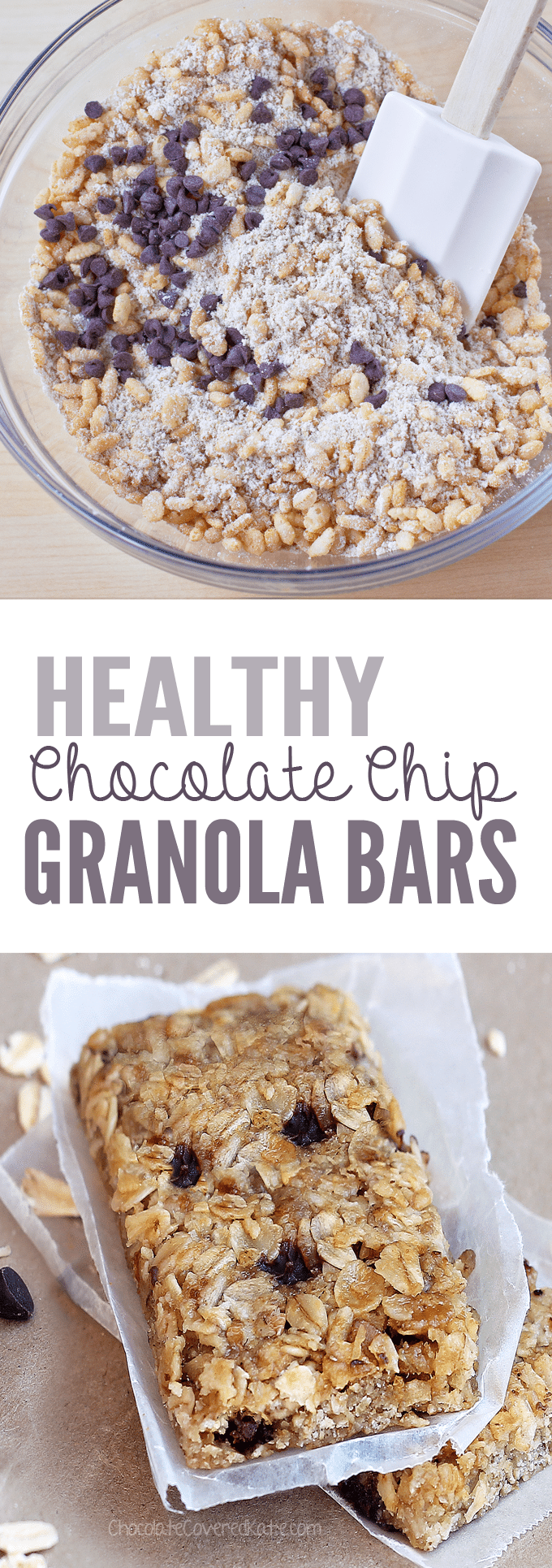 Easy-to-make, healthy granola bars - packed with rolled oats, crispy cereal, & mini chocolate chips! @choccoveredkt