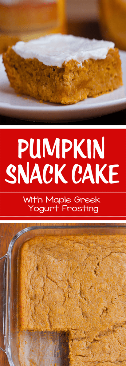 Pumpkin Snack Cake - With Maple Greek Yogurt Frosting: Ingredients: 2 cups pumpkin, 1/2 tsp baking powder, 1 tbsp... Full recipe: https://chocolatecoveredkatie.com/2016/09/22/pumpkin-snack-cake-recipe/