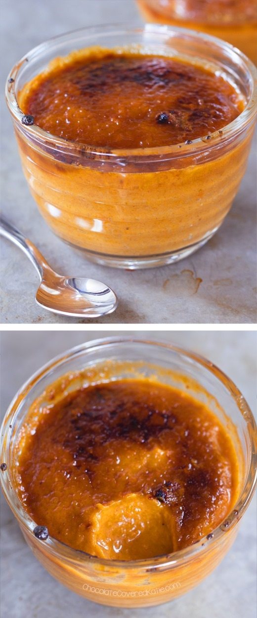 Creamy, custardy pumpkin creme brulee – incredibly made without any heavy cream or eggs! https://chocolatecoveredkatie.com/2016/10/28/pumpkin-creme-brulee-vegan/