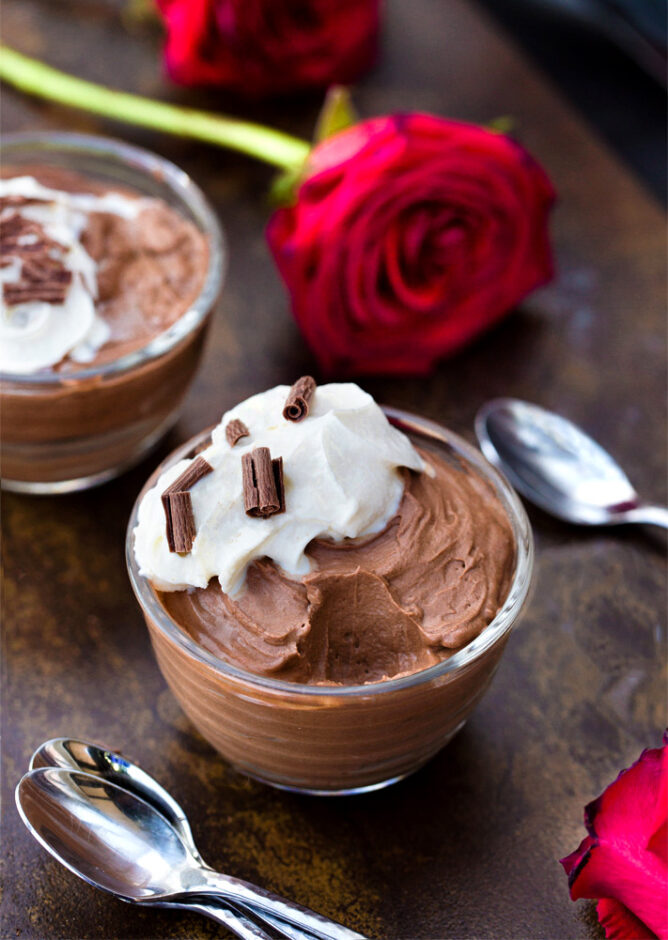 Easy Vegan Dark Chocolate Mousse Recipe in a Bowl of Roses