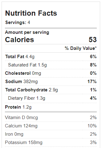 Vegan Cauliflower Sauce Nutrition Label