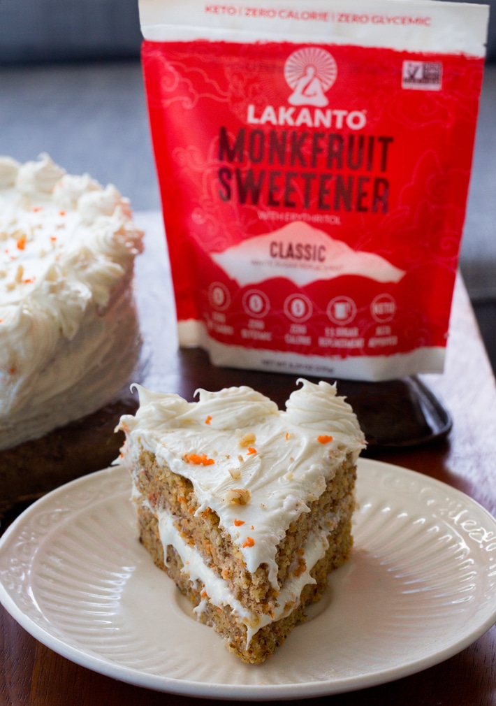Keto carrot cake recipe with creamy cheese frosting and monk fruit
