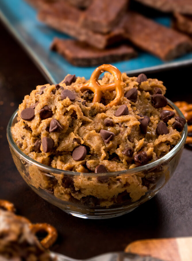 Chocolate Chip Dessert Dip with peanut butter and pretzels
