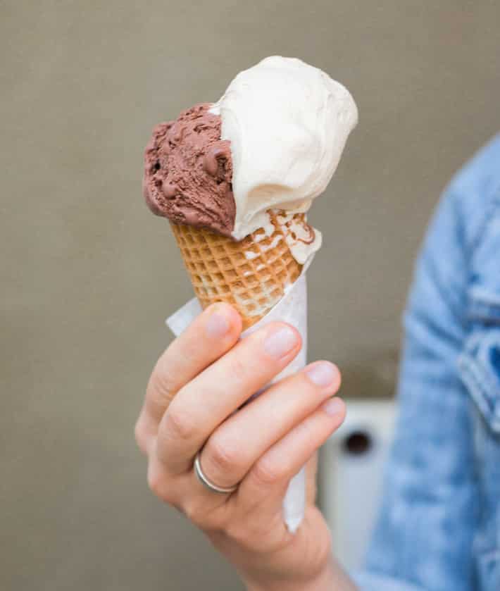 Vanilla And Chocolate Frozen Yogurt In A Cone