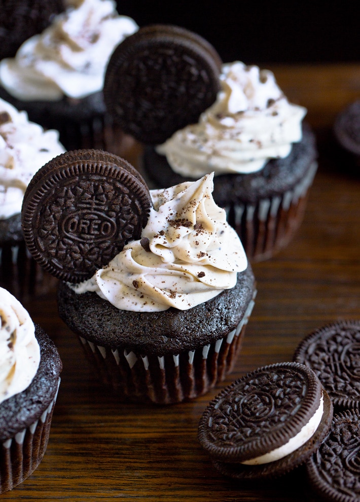 Frosted Oreo Cupcakes, with cookies and surf frosting