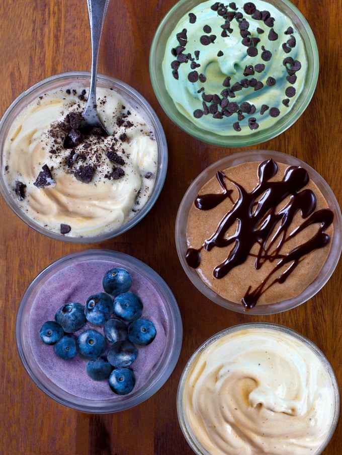 Vegan Banana Soft Serve Nice Cream Recipes (chocolate, blueberry, oreo, mint chocolate chip, vanilla)