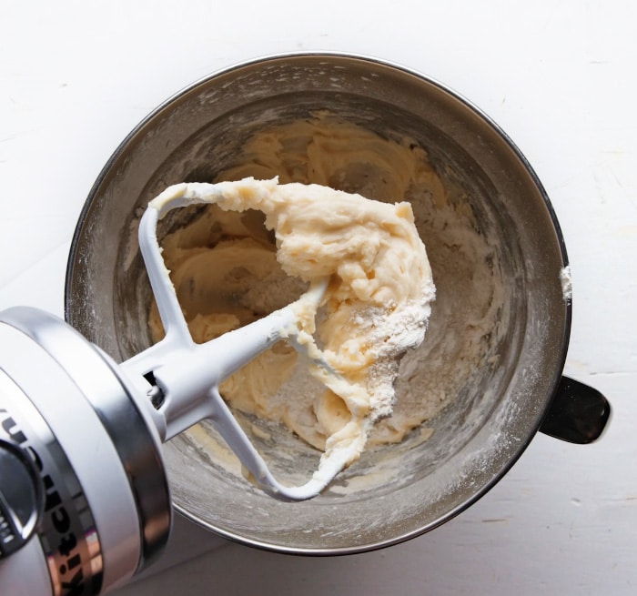 Cookie dough in an electric stand mixer