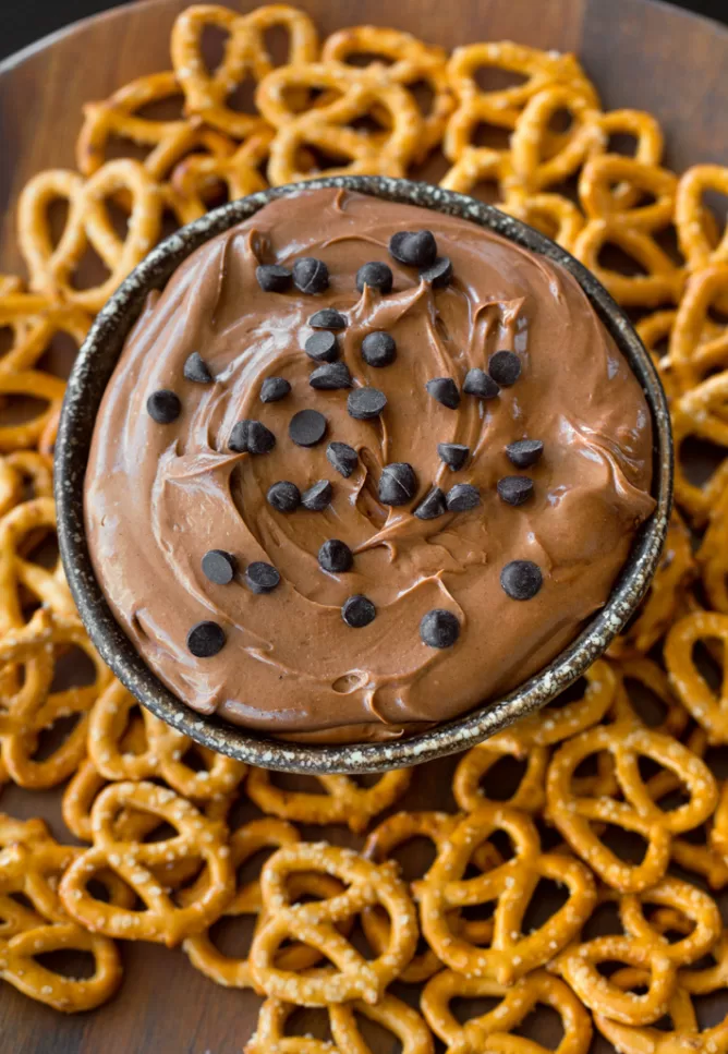 Whipped Chocolate Cream Cheese Dip with pretzels