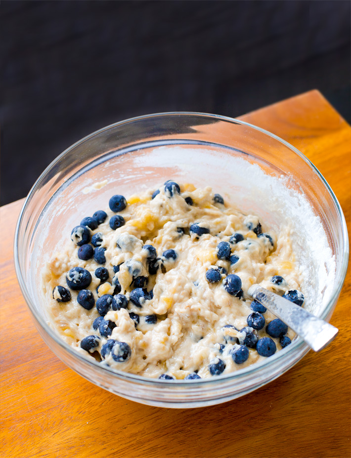 Blueberry Banana Bread Batter In Mixing Bowl