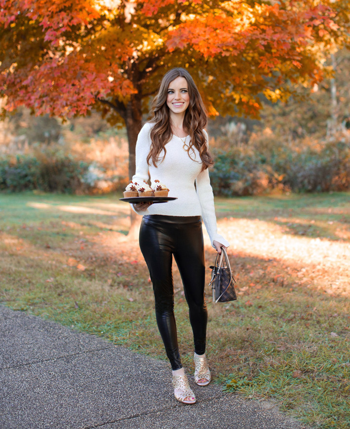 Friendsgiving Party Thanksgiving, outdoors with tray of vegan cupcakes and fancy shoes