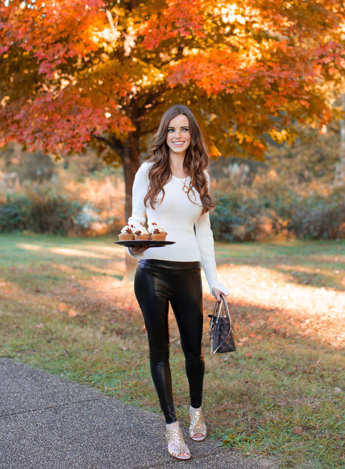 Thanksgiving Friendsgiving Party, outdoors with tray of vegan cupcakes and fancy shoes