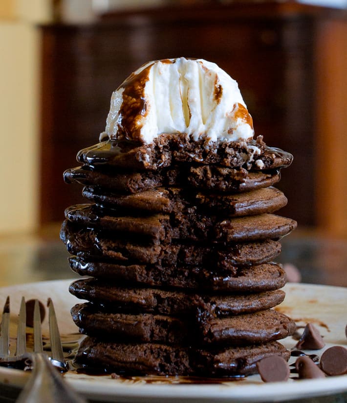Chocolate Protein Pancakes Stack With Chocolate Syrup Chocolate Protein Pancakes Stack With Chocolate Syrup