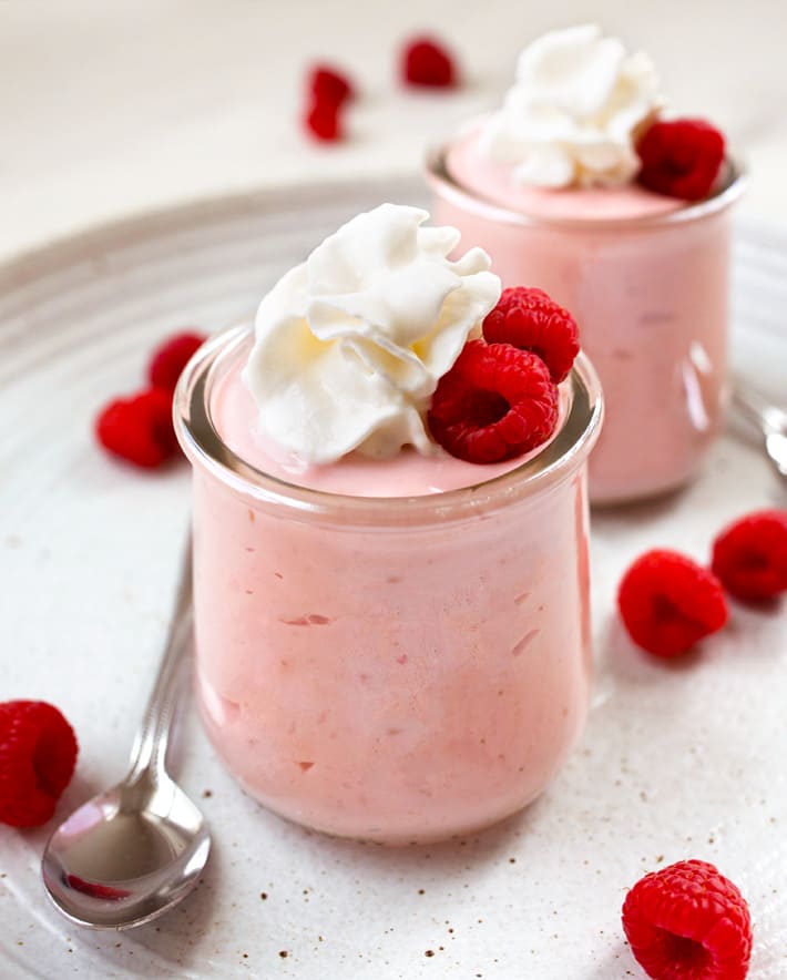 Raspberry mousse in a jar