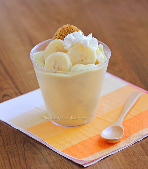 Creamy Southern Banana Pudding: egg-free / dairy-free / gluten-free / vegan / no sugar https://chocolatecoveredkatie.com/2013/07/11/banana-pudding-recipe-healthy/ @choccoveredkt
