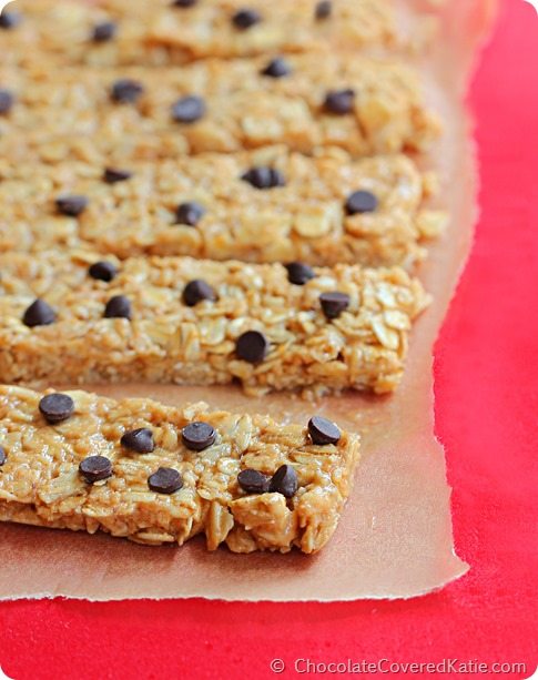 Easy healthy NO BAKE granola bars - from @choccoveredkt - made with only wholesome ingredients, & kid-friendly. https://chocolatecoveredkatie.com/2014/08/11/protein-granola-bars/