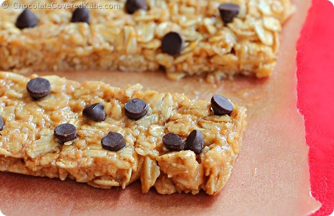 3 Minute No Bake Protein Bars: https://chocolatecoveredkatie.com/2014/08/11/protein-granola-bars/