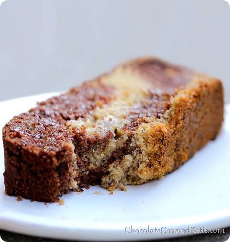 CHOCOLATE MARBLE SWIRL BANANA BREAD - Ribbons of dark chocolate swirled into light banana bread… There’s a reason it’s a reader favorite recipe! Make it here: https://chocolatecoveredkatie.com/2014/01/20/chocolate-marble-swirl-banana-bread/