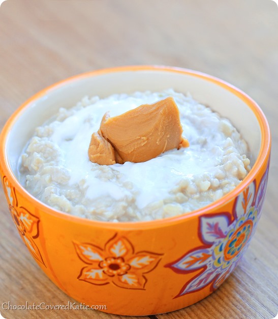 HEALTHY Peanut Butter Rice Pudding. Recipe here: https://chocolatecoveredkatie.com/2014/04/24/peanut-butter-rice-pudding/