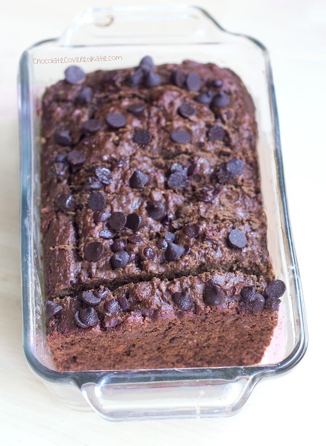 Low-fat, low-calorie, dairy-free, egg-free, and NO refined sugar! With two full cups of banana in the recipe, lowering the fat without sacrificing flavor: https://chocolatecoveredkatie.com/2015/04/06/dark-chocolate-banana-bread/