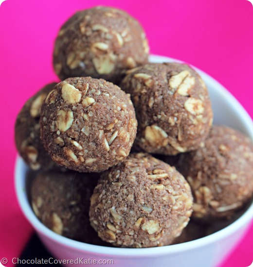 Addictive chocolatey snack balls filled with wholesome ingredients you can feel good about eating. Full recipe here: https://chocolatecoveredkatie.com/2014/07/27/bake-nutella-cookie-dough-balls/