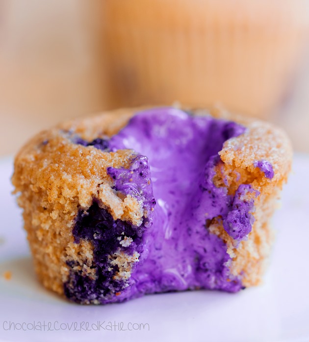 Homemade blueberry muffins stuffed w/ blueberry cream cheese filling. These are SO good!!! https://chocolatecoveredkatie.com/2015/05/07/blueberry-cream-cheese-muffins/