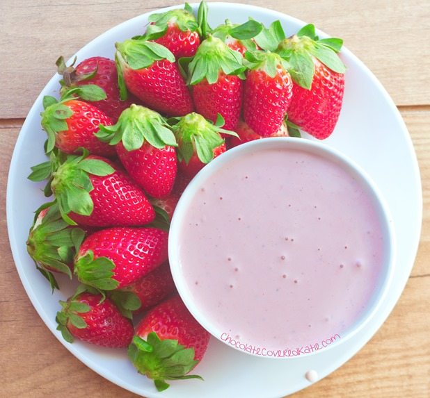 Strawberry Cheesecake Dip ingredients: 1 cup strawberries, stems removed / 1 tsp pure vanilla extract / 1 tbsp... Full recipe: https://chocolatecoveredkatie.com/2015/05/03/strawberry-cheesecake-dip/ 