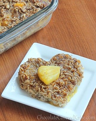 Sunshine Breakfast Baked Oatmeal: https://chocolatecoveredkatie.com/2013/05/15/sunshine-breakfast-baked-oatmeal-recipe/