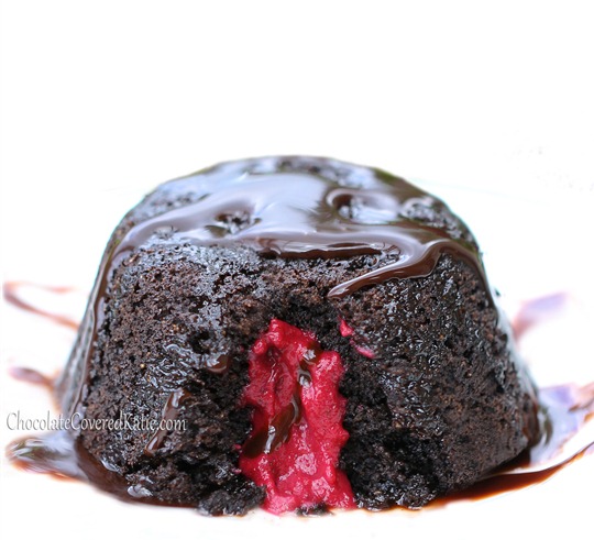 A "1 minute" chocolate mug cake - with hidden raspberry lava filling, ready in 1 minute, from start to finish! https://chocolatecoveredkatie.com/2014/02/06/healthy-chocolate-lava-cake/ @choccoveredkt