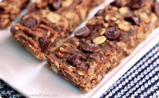 Banana Bread Bars: https://chocolatecoveredkatie.com/2014/09/18/sugar-free-granola-bars/