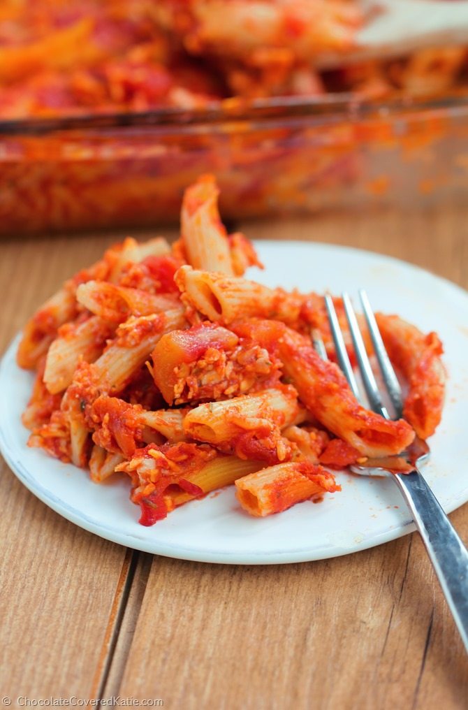 An easy weeknight dinner using pantry staples, there's a very good chance it will become your new favorite go-to pasta dish: https://chocolatecoveredkatie.com/2015/01/27/five-minute-cheesy-baked-pasta-casserole/