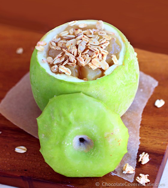 A healthier treat from @choccoveredkt... skip the crust and bake your apple pie right inside the apple! Healthy, easy, delicious! https://chocolatecoveredkatie.com/2014/11/06/baked-apples-recipe/