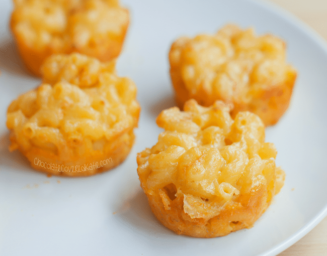 baked mac and cheese cups in a muffin tin