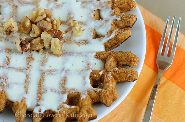 Healthy Carrot Cake Waffles! https://chocolatecoveredkatie.com/2013/03/22/super-healthy-carrot-cake-waffles/