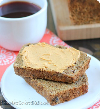 Soft, moist, and cinnamony spicy banana bread like you have never had it before. Ingredients: 2 cups mashed banana, 2 tsp cinnamon, 1 tsp baking soda, 1 1/2 tsp... https://chocolatecoveredkatie.com/2013/10/17/chai-banana-bread-pumpkin-cream-cheese/