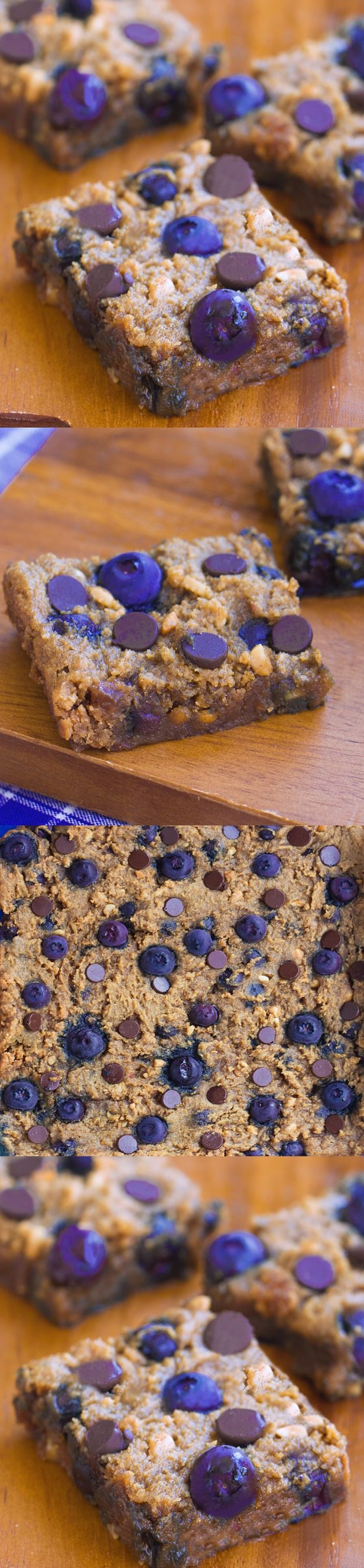 Crazy addictive chocolate chip cookie bars... like the lovechild of a chocolate chip cookie and a blueberry pie! Recipe link: https://chocolatecoveredkatie.com/2015/08/13/chocolate-chip-blueberry-bars-flourless/ 