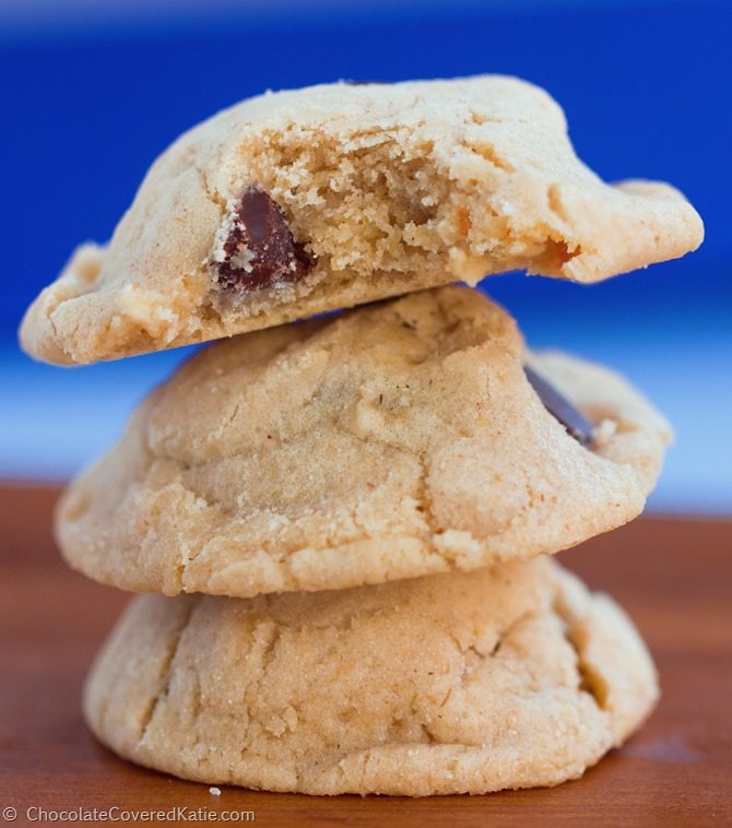 The lightest, softest, chewiest, most buttery and most delicious cookies you will ever put in your mouth. And just 2 grams of fat each! Recipe here: https://chocolatecoveredkatie.com/2015/02/10/chocolate-chip-cream-cheese-cookies/